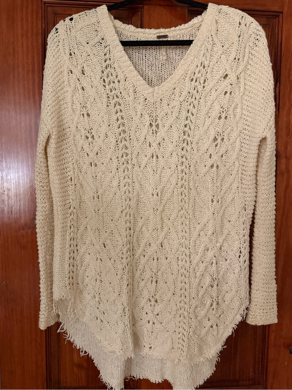 Free People Cream Open-Knit V-Neck Sweater